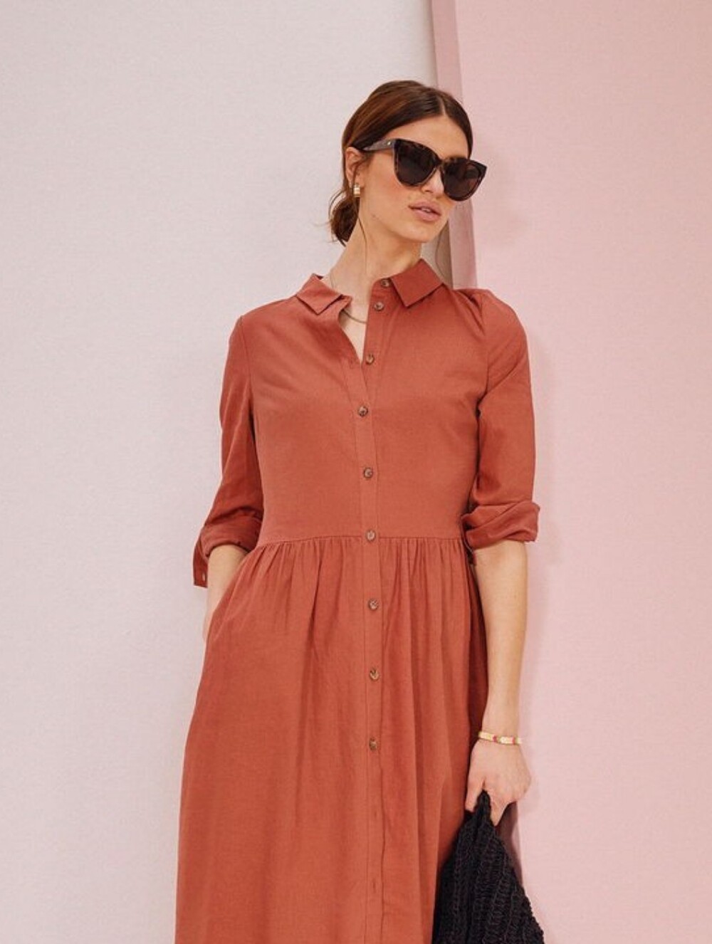 Old Navy 100% Rayon Long Sleeve Waist-Defined Midi Shirt Dress Terracotta Small